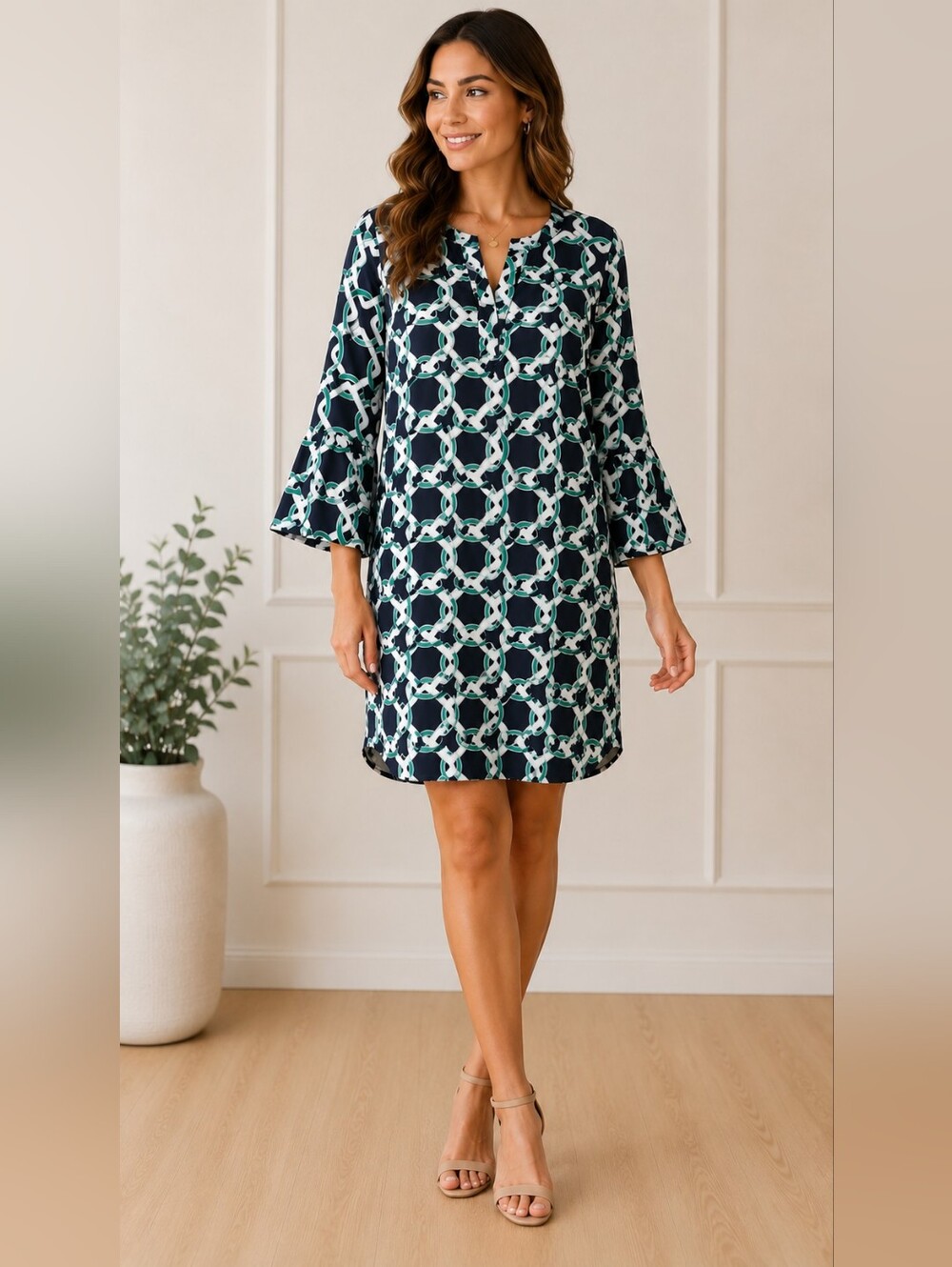 Banana Republic Geometric Navy Dress with Mint and White Link Print Medium